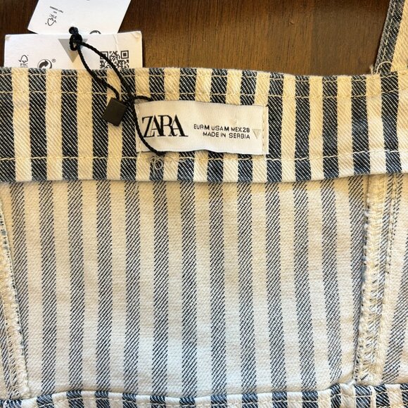 NWT Zara Denim Crop Top White Blue Striped Side Zipper Size Medium - Picture 9 of 15